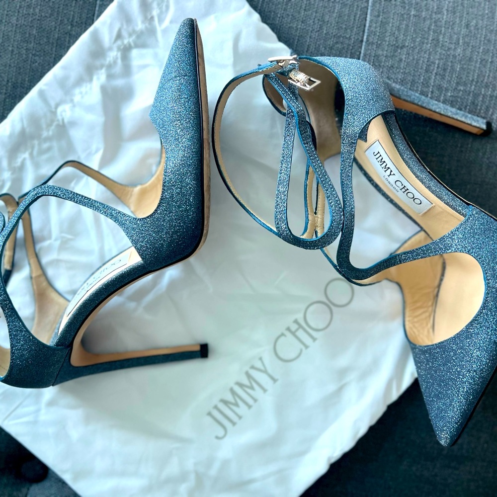 Jimmy choo Metallic glitter in blue, worn 1 time. Almost look like new 😍